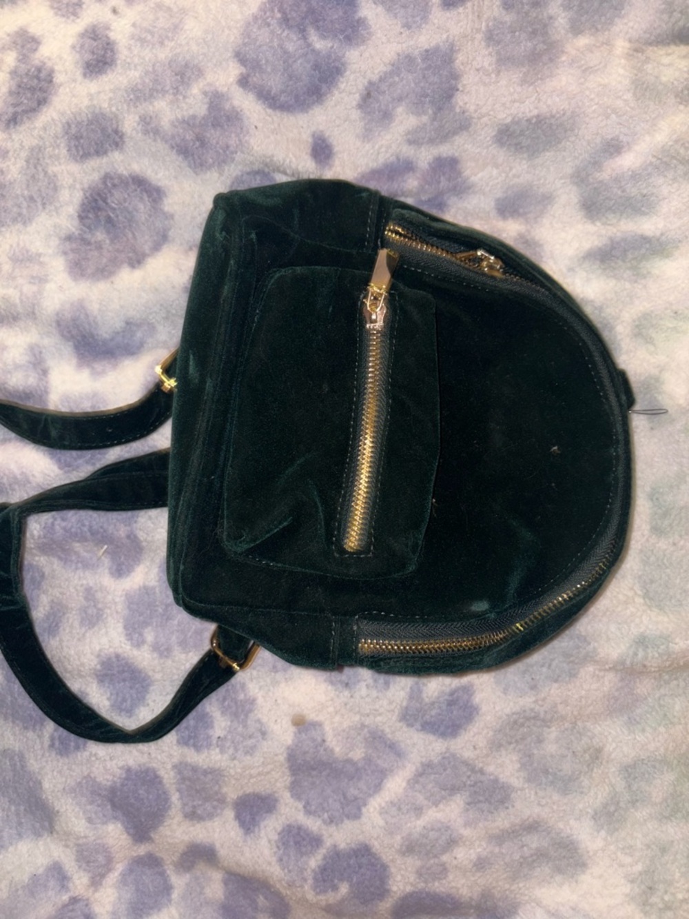 Forever 21 Green Velvet Mini Backpack with Gold Zippers